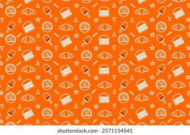 Fast food icons pattern background. Junk food icons seamless pattern background. Perfect for wrapping paper, packaging product, backdrop, wallpaper, textile, fabric and other commercial needs.