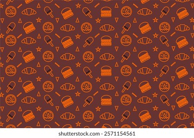 Fast food icons pattern background. Junk food icons seamless pattern background. Perfect for wrapping paper, packaging product, backdrop, wallpaper, textile, fabric and other commercial needs.