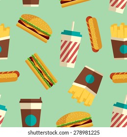 Fast Food icons pattern on turquoise background. Business lunch print. Modern color. Minimalistic style. Flat design. Vector Illustration, eps 10