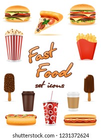 fast food icons pizza hamburger drink french fries coffee popcorn hot dog ice cream stock vector illustration isolated on white background