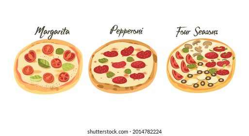 Fast Food Icons. Pizza with Mushrooms, Tomato and Cheese, Pepperoni, Margarita and Four Seasons Street Junk Meal, Takeaway Snack With Salami, Olives, Greenery and Greenery. Cartoon Vector Illustration