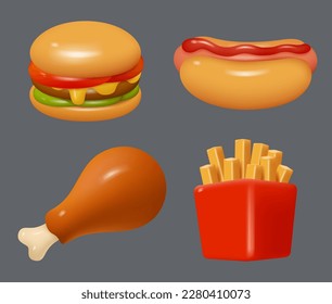 Iconos de comida rápida. Objetos de plástico estilizados fritos cafés hamburguesas de alimentos decente vectores dibujos animados 3d icono de representación