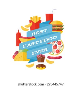 Fast food icons with ribbon illustration. Tasty food illustration.