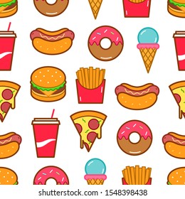 Fast food icons seamless pattern. Vector background