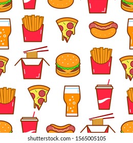 Fast food icons seamless pattern. Vector background