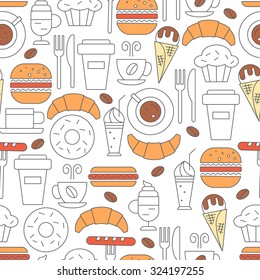 Fast food icons seamless pattern with  burger, hot dogs, coffee, muffin, croissant, ice cream, for your design. Vector illustration.