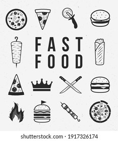 Fast food icons set. Set of 14 fast food icons. Kebab, Burger, Pizza, Hamburger, Shawarma icons. Trendy vintage hipster design. Design elements to create your own design. Vector illustration