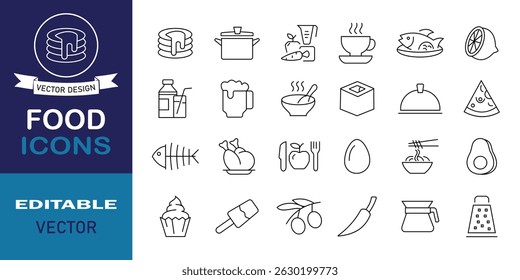 Fast food icons. Set of 24 outline icons related to food and drink. Burger, donut, pizza, ice cream, coffee collection. Containing meal, restaurant, dishes and fruits icon. Vector illustration.