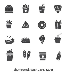 Fast food icons set. Black and white style of fast food icons such as burger, french fries, ice cream, pizza and more 