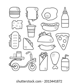 Fast food icons set. Black isolated objects on a white background. For restaurants and fast food outlets with delivery. All objects are separated. Vector illustration