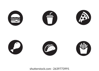 Fast food icons set, black and white circle symbols of burger, soda, pizza, chicken, taco, and french fries. Flat vector illustration for restaurant menu