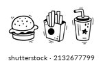 Fast food icons set - burger, french fries, paper cup with drink. Hand drawn fast food combo. Comic doodle sketch style. Vector illustration