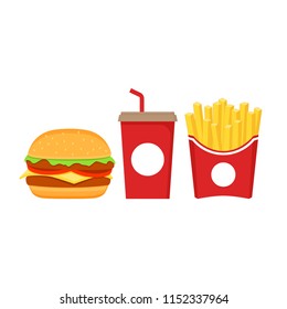 Fast food icons set. Burger, French fries in red paper box and Soda in red paper cup colorful cartoon set.