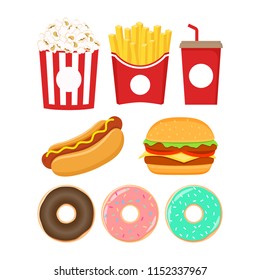 Fast food icons set. Burger, popcorn, french fries, soda, donut and hot dog colorful cartoon set.