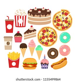 Fast food icons set. Burger, popcorn, french fries, soda, donut and hot dog colorful cartoon set. Chocolate glazed cake, ice cream, coffee cup and cupcake icons.