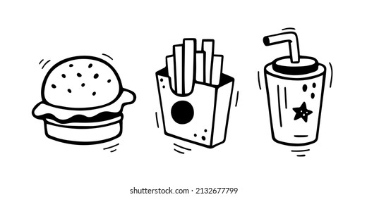 Fast food icons set - burger, french fries, paper cup with drink. Hand drawn fast food combo. Comic doodle sketch style. Vector illustration
