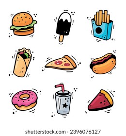 Fast Food Icons Set - Hamburger, Pommes frites, Papiertasse mit Getränk, Eis, Pizza, Pie, Hot Dog, Kebab, Donut. Auswahl an Snacks. Fast Food Doodles. Schnelle Lebensmittelsammlung. Farbiges Essen auf der Straße.