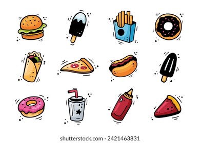 Fast food icons set - burger, French fries, paper cup with drink, ice cream, pizza, pie, hot dog, kebab, donut, bottle of ketchup. Sketch of snacks. Fast food doodles. Fast food collection.