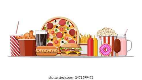 Fast food icons set. Burger, pizza, hotdog, fried chicken, fries, popcorn, donut, milk cocktail cola soda, ice cream, paper glass and bottles with sauces. Fastfood. Vector illustration in flat style