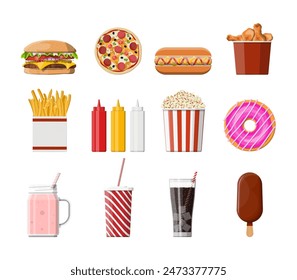 Fast food icons set. Burger, pizza, hotdog, fried chicken, fries, popcorn, donut, milk cocktail cola soda, ice cream, paper glass and bottles with sauces. Fastfood. Vector illustration in flat style