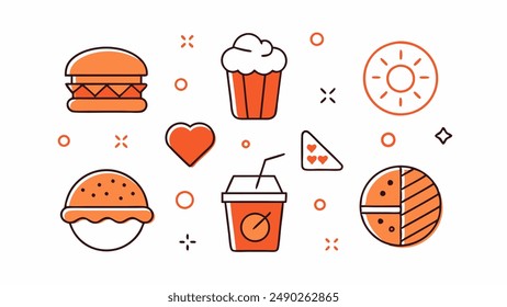 Conjunto de iconos de comida rápida - hamburguesa, papas fritas, taza de papel con bebida. Combo de comida rápida dibujado a mano. Estilo de dibujo de garabato cómico. Ilustración vectorial