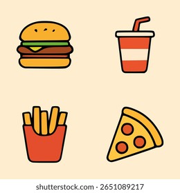 Fast food icons set with burger, pizza slice, soda cup and french fries in colorful cartoon flat style