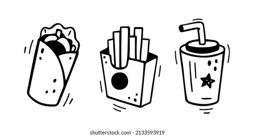 Fast food icons set - burrito, doner kebab, french fries, paper cup with drink. Hand drawn fast food combo. Comic doodle sketch style. Vector illustration