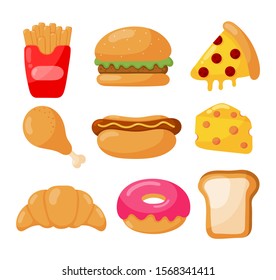 fast food icons set cartoon style isolated on white background. illustration vector.