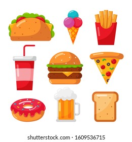 fast food icons set cartoon style isolated on white background. illustration vector.