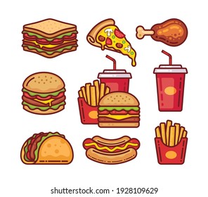 Iconos de comida rápida. Ilustración de dibujos animados