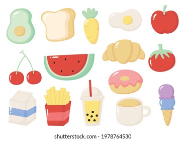 fast food icons set cartoon style isolated on white background. illustration vector.