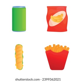 Fast food icons set cartoon vector. Fries potato, hot dog, chips and canned drink. Street food, snack