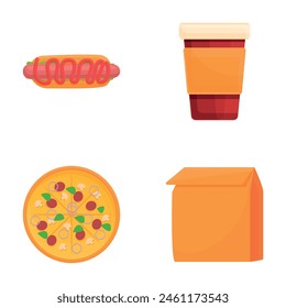 Fast food icons set cartoon vector. Hot dog, pizza and takeaway drink. Unhealthy nutrition, street food