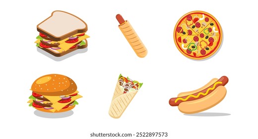 Conjunto de ícones do Fast food. Itens de comida vetorial em estilo de desenhos animados : sanduíche hambúrguer pizza kebab cachorro-quente francês shawarma