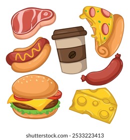  Conjunto de ícones do Fast food. Ilustração de desenhos animados de ícones vetoriais de fast food para web design