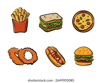 Fast food icons set in cartoon style including fries, sandwich, pizza, onion rings, hot dog, and burger for menu and snack design
