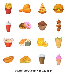 Fast food icons set. Cartoon illustration of 16 fast food vector icons for web