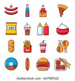 Fast food icons set. Cartoon illustration of 16 fast food vector icons for web