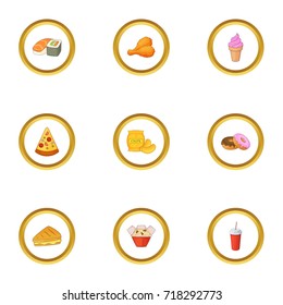 Fast food icons set. Cartoon style set of 9 fast food vector icons for web design