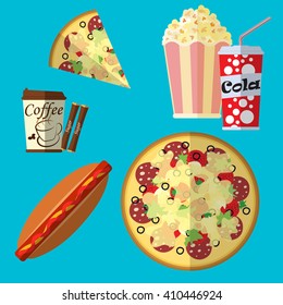 fast food icons set, cola or soda,  popcorn and hot dog, paper cup of coffee and pizza icons, flat design, on blue background, vector