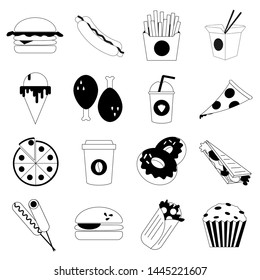 Fast food icons set. Сorn dog, pizza, drinks, burger, hotdog, ice cream, noodles, chicken legs, potatoes, sandwich, cake.