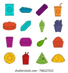 Fast food icons set. Doodle illustration of vector icons isolated on white background for any web design