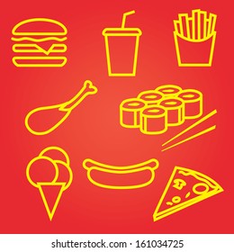 fast food icons set, food and drink signs