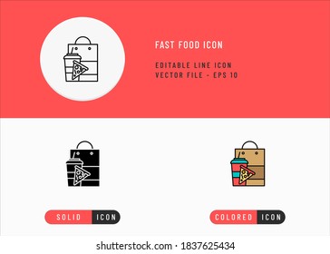 Fast food icons set editable stroke vector illustration. Pizza bag package symbol. Icon line style on isolated background for ui mobile app, web design, and presentation.