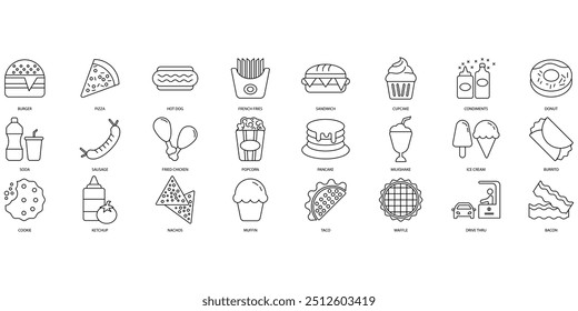 Fast food icons set. Set of editable stroke icons.Set of Fast food