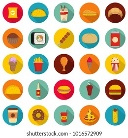 Fast food icons set. Flat illustration of 25 fast food vector icons circle isolated on white