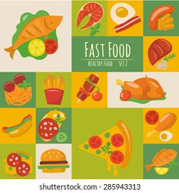 Fast food icons set in flat style.  Food poster. Food infographic. Healthy food