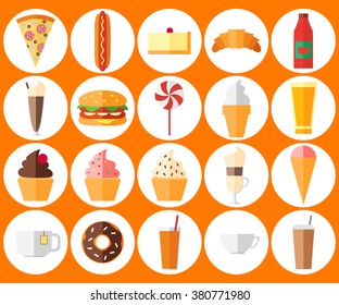 Fast food icons set. Flat design. Set of isolated objects on white background. Vector illustration.