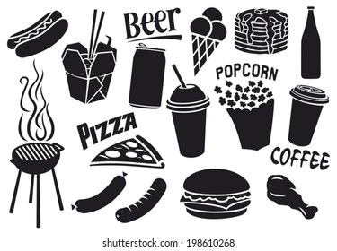 fast food icons set (hamburger, pizza, hot dog, juice, fried chicken legs, barbecue grill, sausages, ice cream, pancake, milk shake, popcorn, paper cup of coffee)