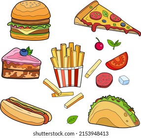 
Fast food icons set. Hamburger, hot dog, pizza and others for takeaway cafe design. Vector illustration coloring book style street food.